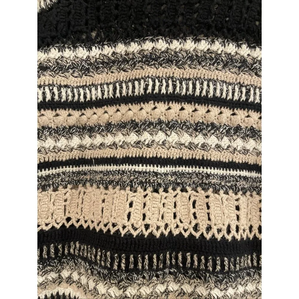 Vtg  Christopher & Banks Hand Knit Cardigan Sweater Women’s M Black, White & Tan